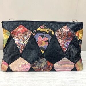 Vintage 80s Patchwork Metallic Faux Leather Clutch Purse Mobwife Biker Metal Y2K